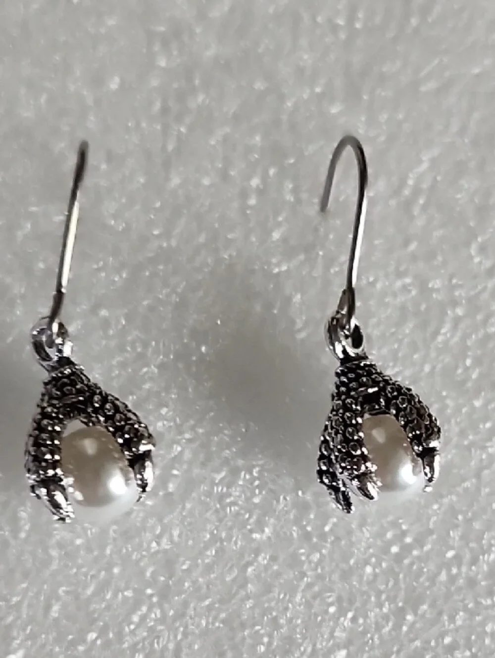 Silver-Tone Pearl Drop Earrings with Dragon Claw Accent - White